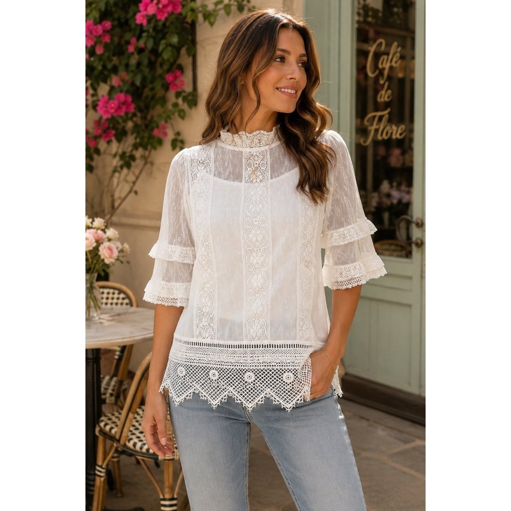 Blue Tassel White Lace Mesh Blouse Women S Victorian Boho Ruffle Sheer Top